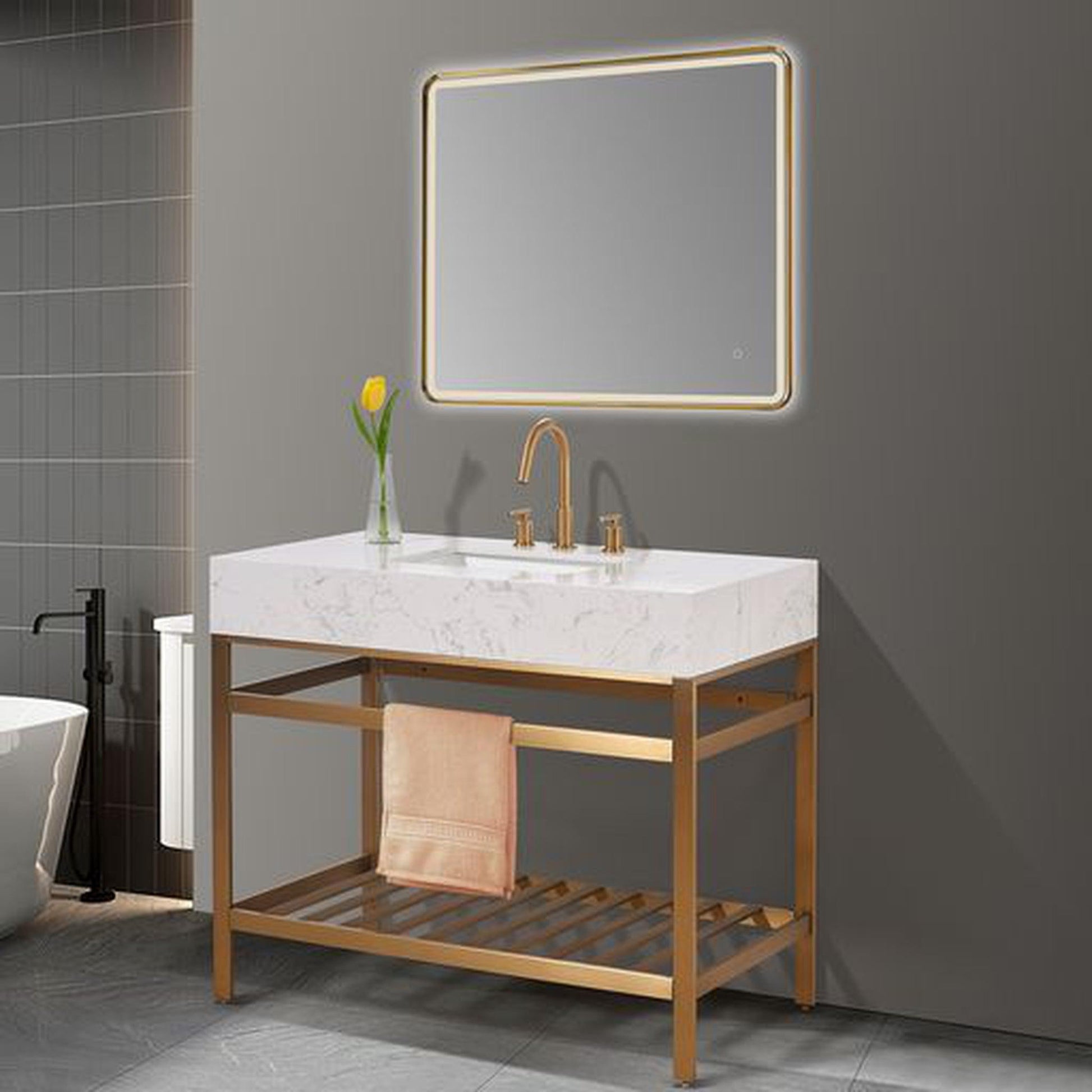 Altair Merano 42" Brushed Gold Single Stainless Steel Bathroom Vanity Set Console With Mirror, Aosta White Stone Top, Single Rectangular Undermount Ceramic Sink, and Safety Overflow Hole