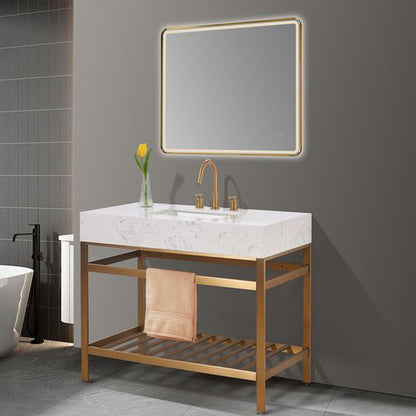 Altair Merano 42" Brushed Gold Single Stainless Steel Bathroom Vanity Set Console With Mirror, Aosta White Stone Top, Single Rectangular Undermount Ceramic Sink, and Safety Overflow Hole