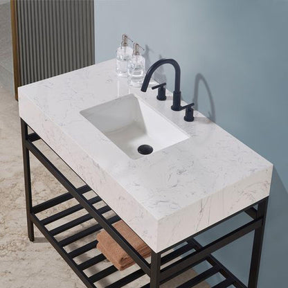 Altair Merano 42" Matte Black Single Stainless Steel Bathroom Vanity Set Console With Aosta White Stone Top, Single Rectangular Undermount Ceramic Sink, and Safety Overflow Hole