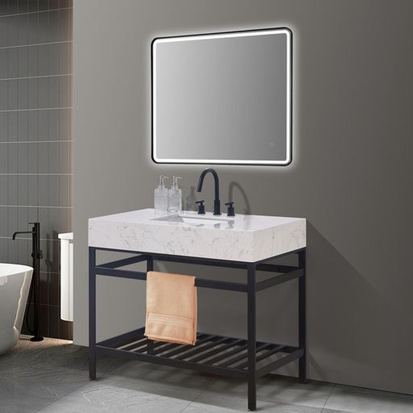 Altair Merano 42" Matte Black Single Stainless Steel Bathroom Vanity Set Console With Mirror, Aosta White Stone Top, Single Rectangular Undermount Ceramic Sink, and Safety Overflow Hole
