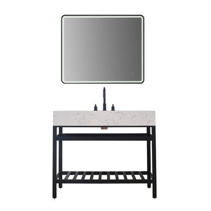 Altair Merano 42" Matte Black Single Stainless Steel Bathroom Vanity Set Console With Mirror, Aosta White Stone Top, Single Rectangular Undermount Ceramic Sink, and Safety Overflow Hole