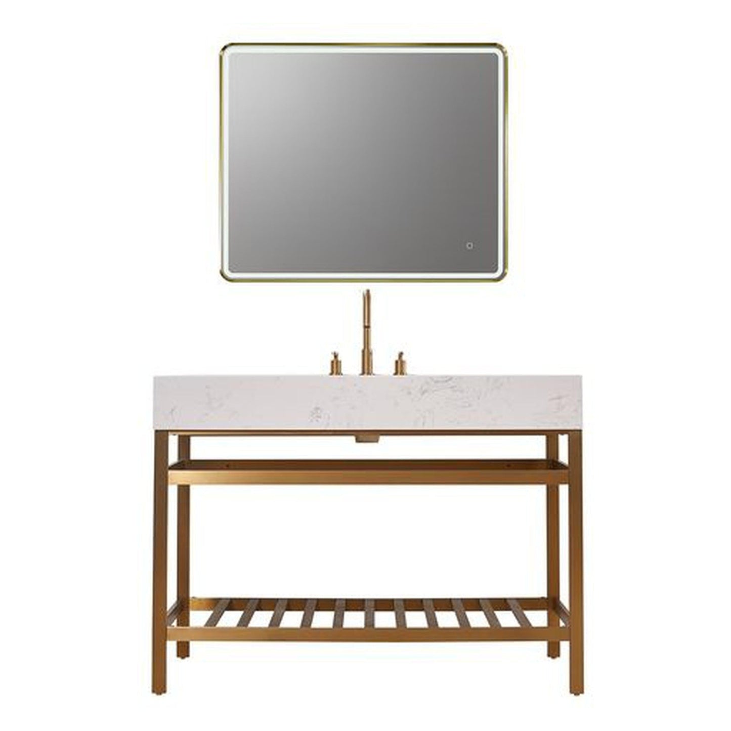 Altair Merano 48" Brushed Gold Single Stainless Steel Bathroom Vanity Set Console With Mirror, Aosta White Stone Top, Single Rectangular Undermount Ceramic Sink, and Safety Overflow Hole