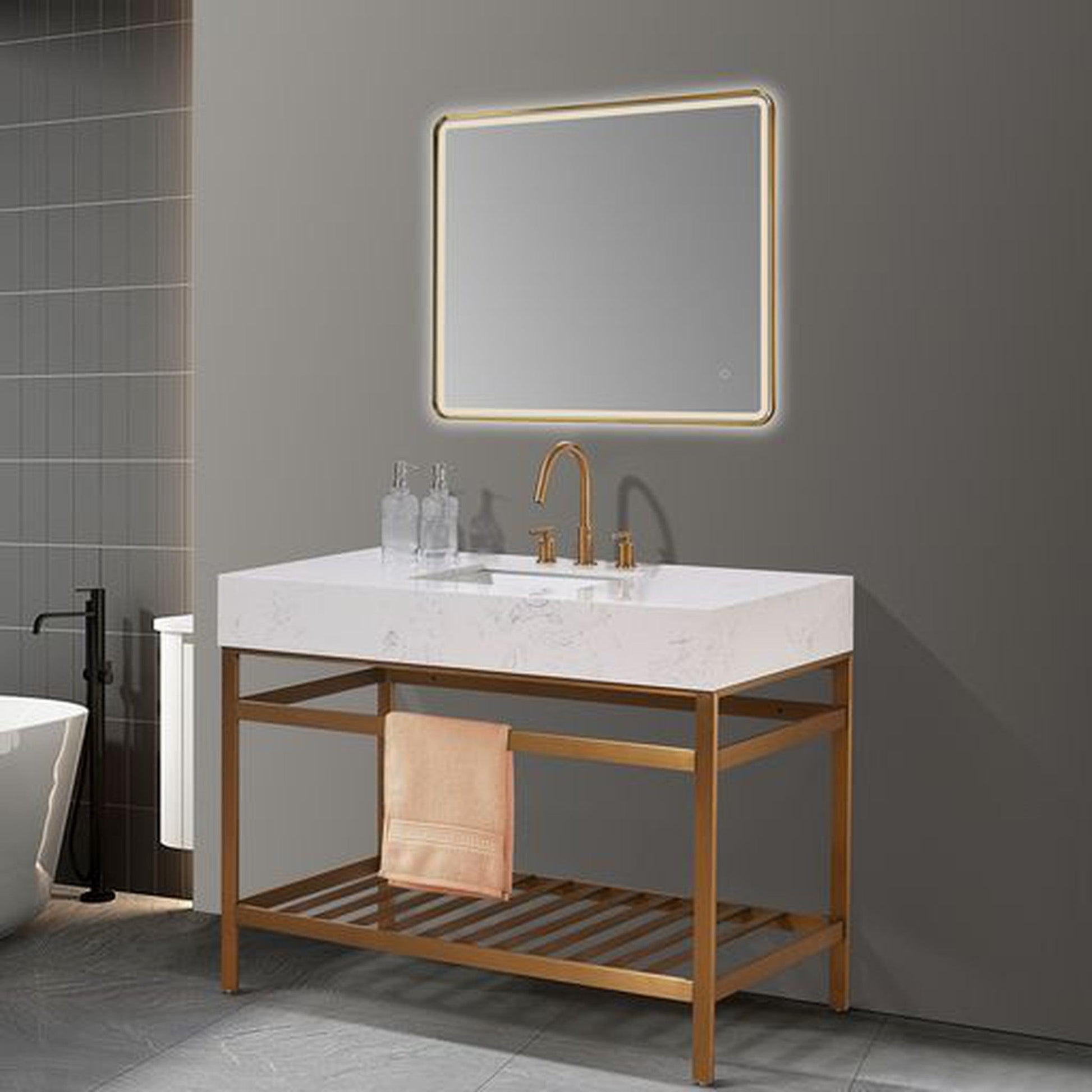 Altair Merano 48" Brushed Gold Single Stainless Steel Bathroom Vanity Set Console With Mirror, Aosta White Stone Top, Single Rectangular Undermount Ceramic Sink, and Safety Overflow Hole