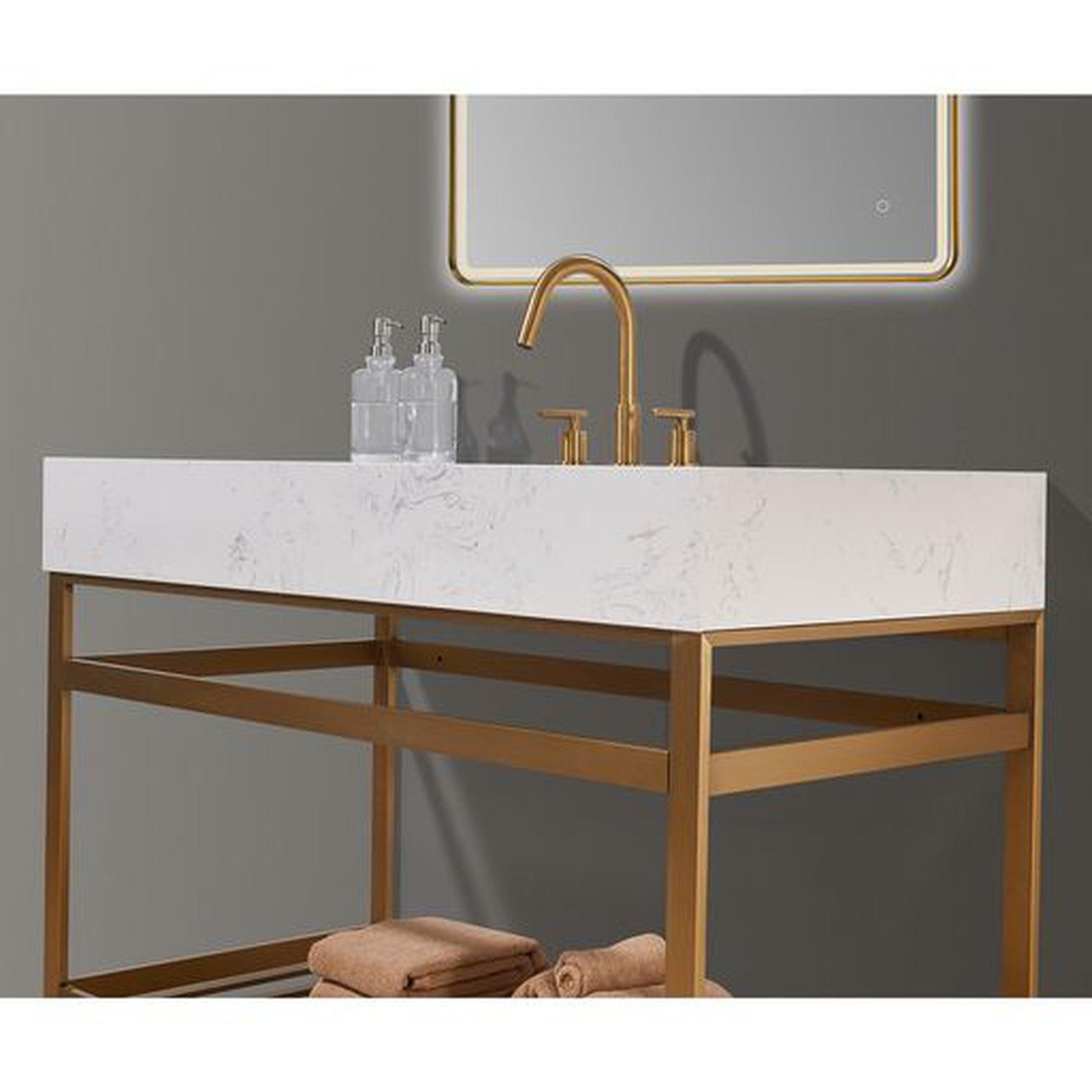 Altair Merano 48" Brushed Gold Single Stainless Steel Bathroom Vanity Set Console With Mirror, Aosta White Stone Top, Single Rectangular Undermount Ceramic Sink, and Safety Overflow Hole