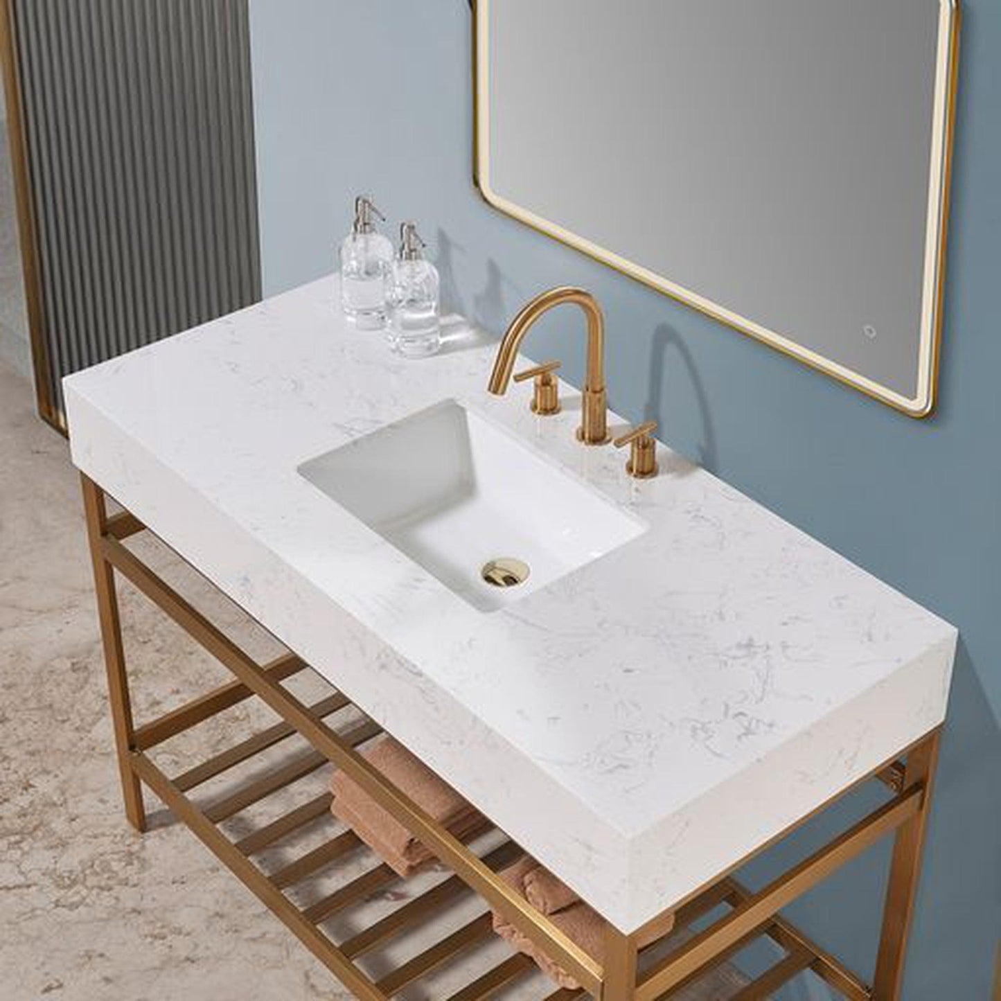 Altair Merano 48" Brushed Gold Single Stainless Steel Bathroom Vanity Set Console With Mirror, Aosta White Stone Top, Single Rectangular Undermount Ceramic Sink, and Safety Overflow Hole