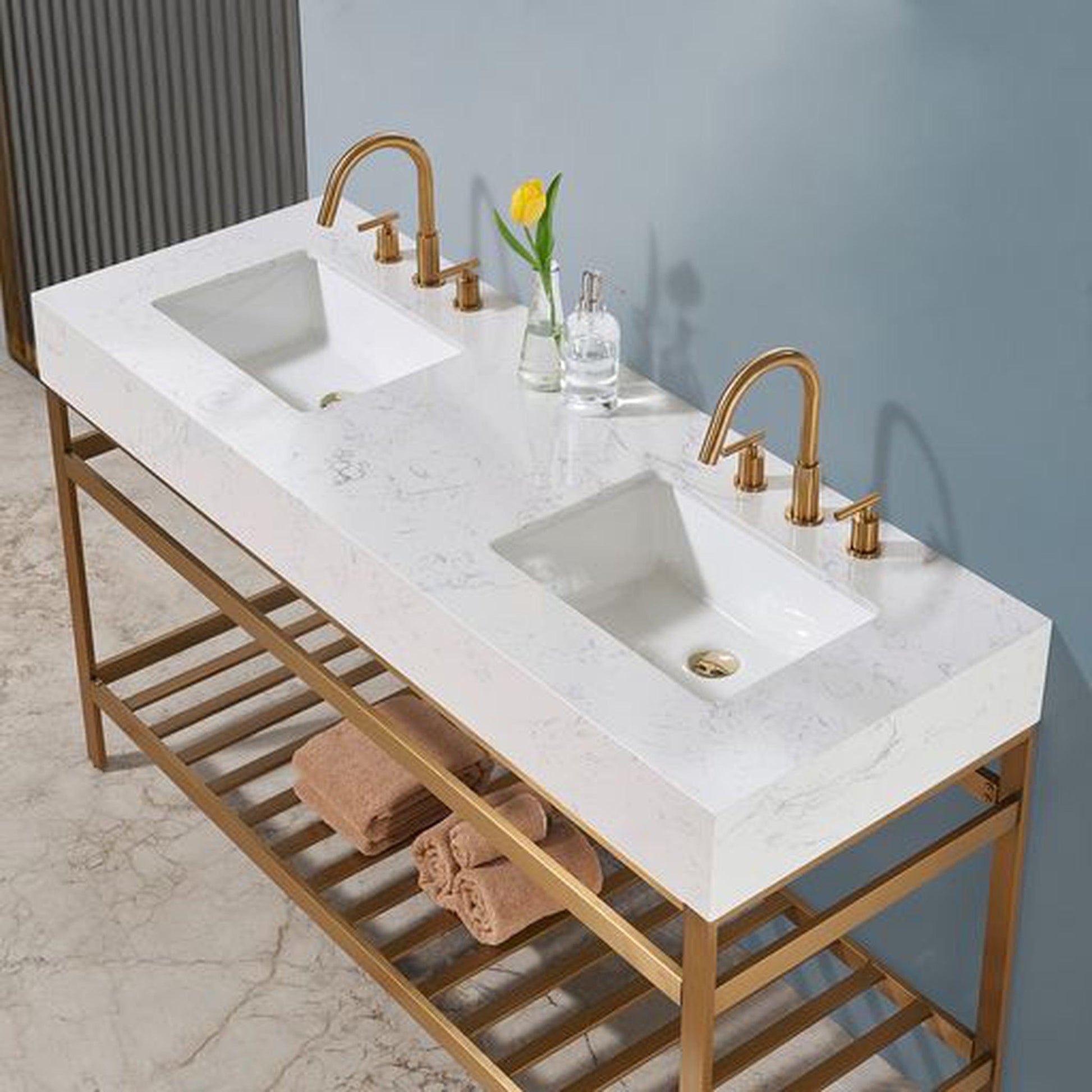Altair Merano 60" Brushed Gold Double Stainless Steel Bathroom Vanity Set Console With Aosta White Stone Top, Two Rectangular Undermount Ceramic Sinks, and Safety Overflow Hole