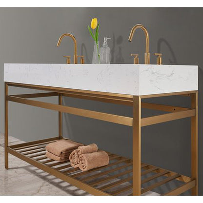 Altair Merano 60" Brushed Gold Double Stainless Steel Bathroom Vanity Set Console With Aosta White Stone Top, Two Rectangular Undermount Ceramic Sinks, and Safety Overflow Hole
