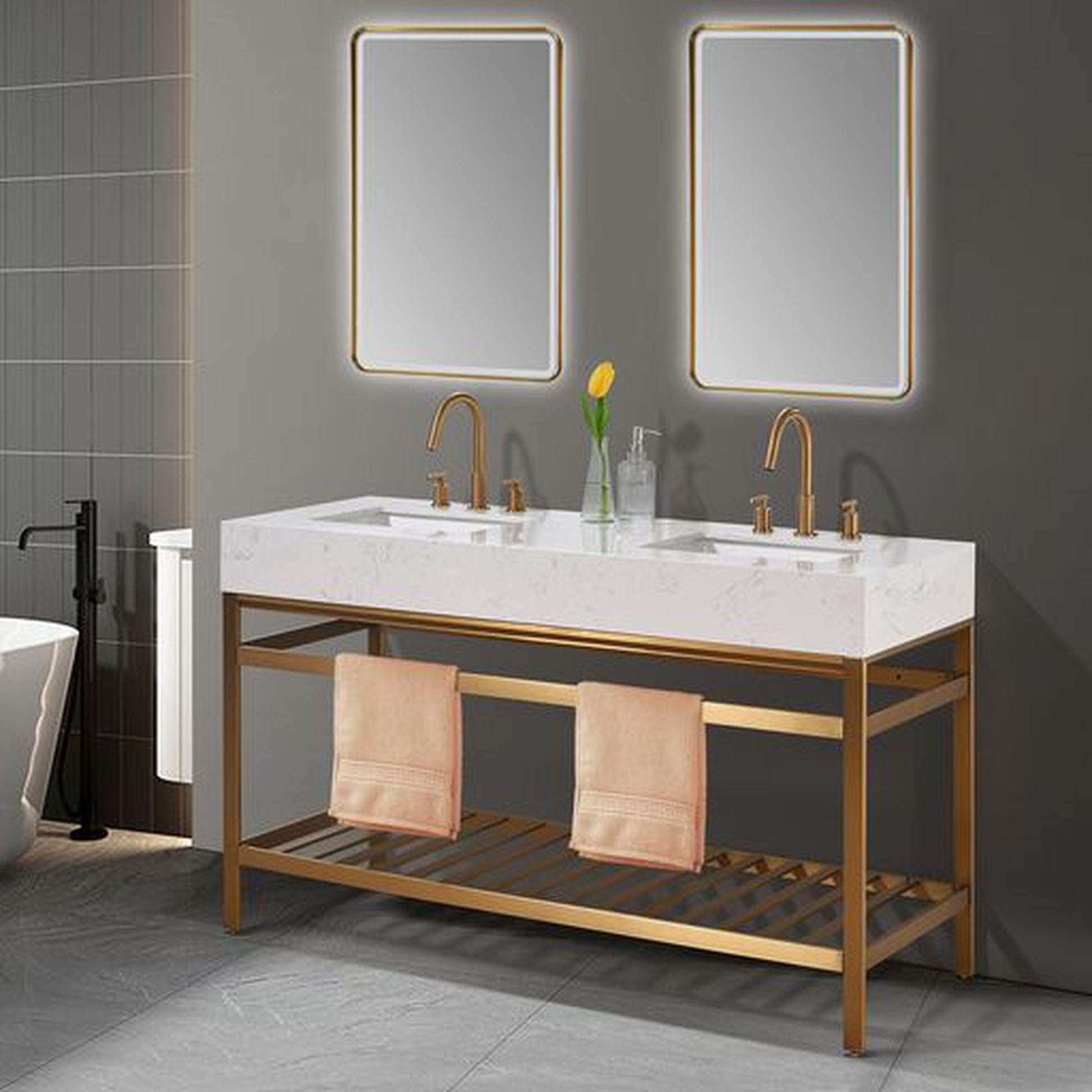 Altair Merano 60" Brushed Gold Double Stainless Steel Bathroom Vanity Set Console With Mirror, Aosta White Stone Top, Two Rectangular Undermount Ceramic Sinks, and Safety Overflow Hole