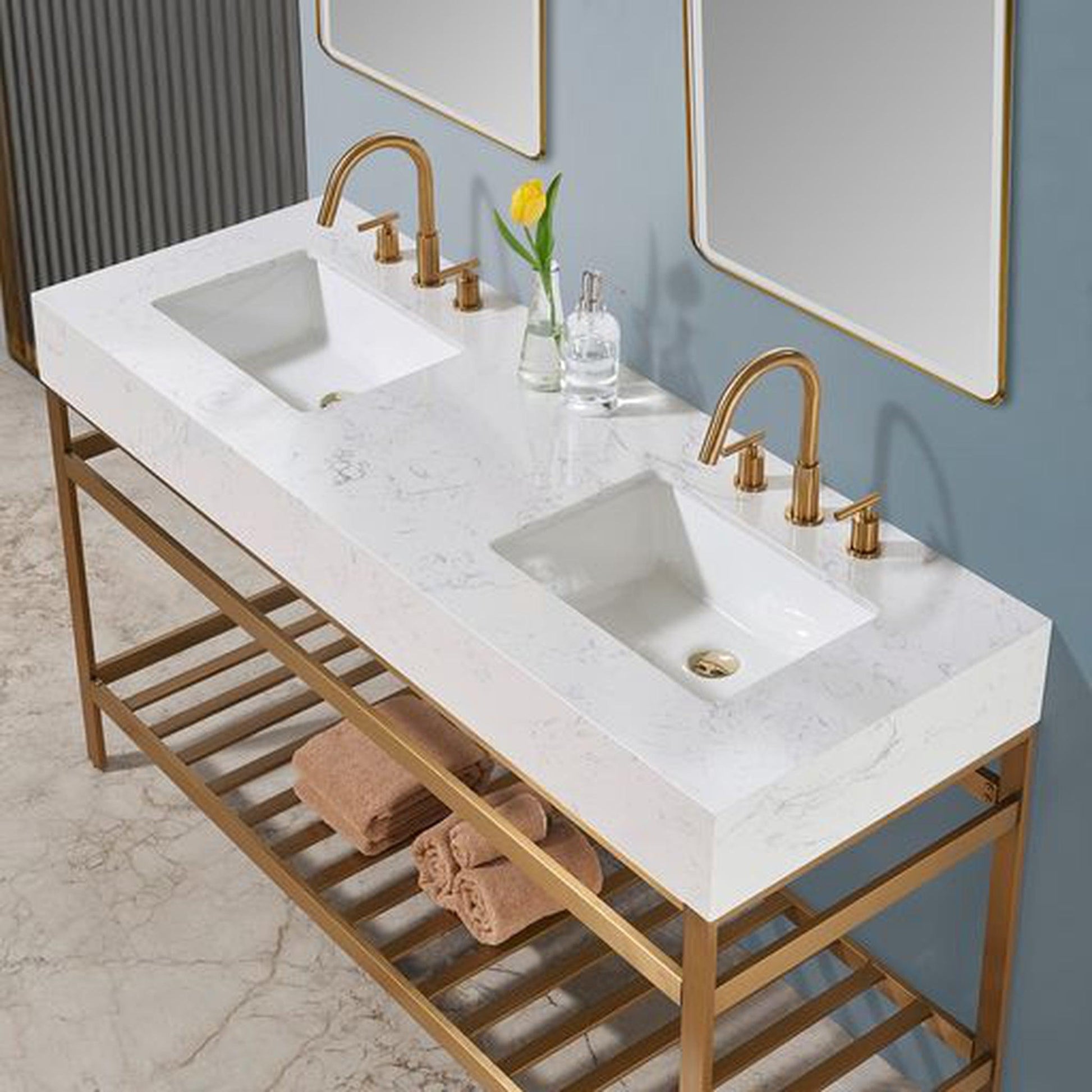 Altair Merano 60" Brushed Gold Double Stainless Steel Bathroom Vanity Set Console With Mirror, Aosta White Stone Top, Two Rectangular Undermount Ceramic Sinks, and Safety Overflow Hole