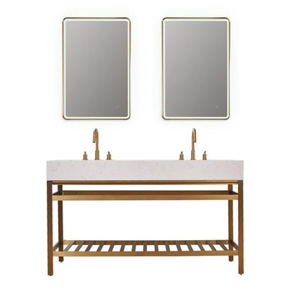 Altair Merano 60" Brushed Gold Double Stainless Steel Bathroom Vanity Set Console With Mirror, Aosta White Stone Top, Two Rectangular Undermount Ceramic Sinks, and Safety Overflow Hole