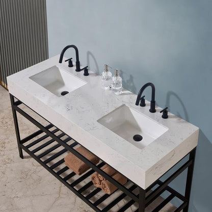 Altair Merano 60" Matte Black Double Stainless Steel Bathroom Vanity Set Console With Aosta White Stone Top, Two Rectangular Undermount Ceramic Sinks, and Safety Overflow Hole