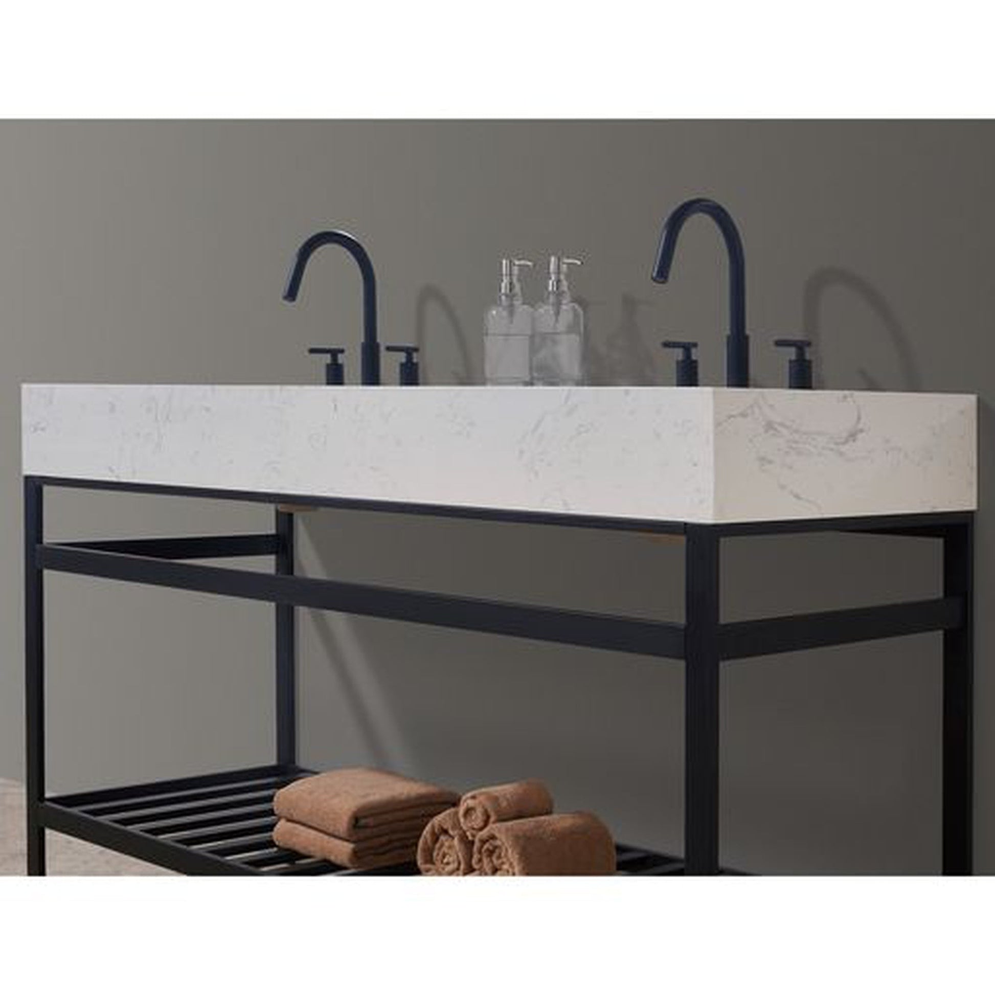 Altair Merano 60" Matte Black Double Stainless Steel Bathroom Vanity Set Console With Aosta White Stone Top, Two Rectangular Undermount Ceramic Sinks, and Safety Overflow Hole