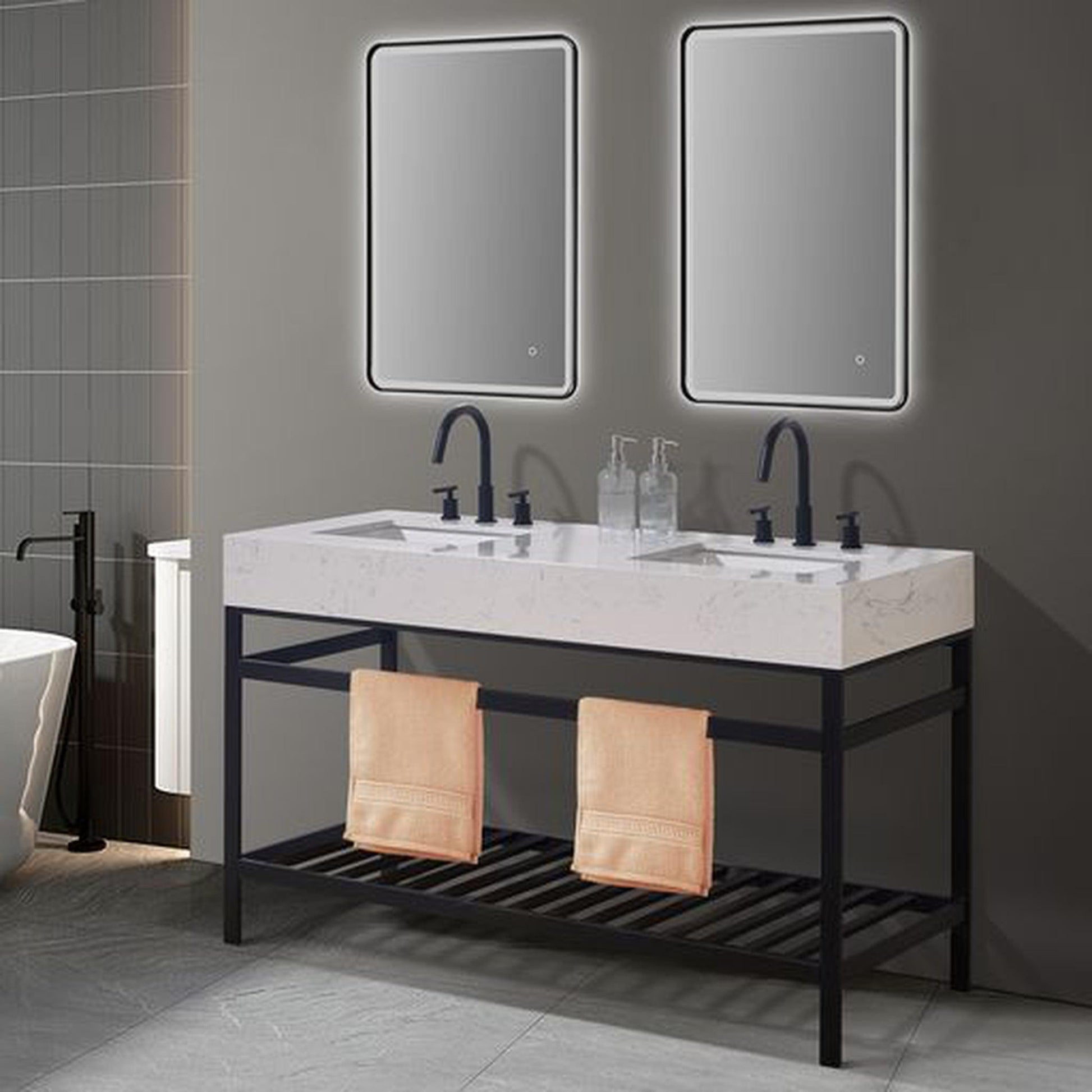 Altair Merano 60" Matte Black Double Stainless Steel Bathroom Vanity Set Console With Mirror, Aosta White Stone Top, Two Rectangular Undermount Ceramic Sinks, and Safety Overflow Hole