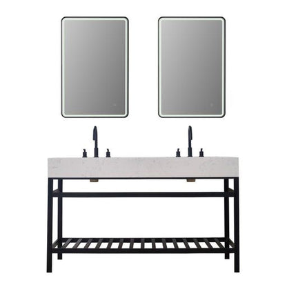 Altair Merano 60" Matte Black Double Stainless Steel Bathroom Vanity Set Console With Mirror, Aosta White Stone Top, Two Rectangular Undermount Ceramic Sinks, and Safety Overflow Hole