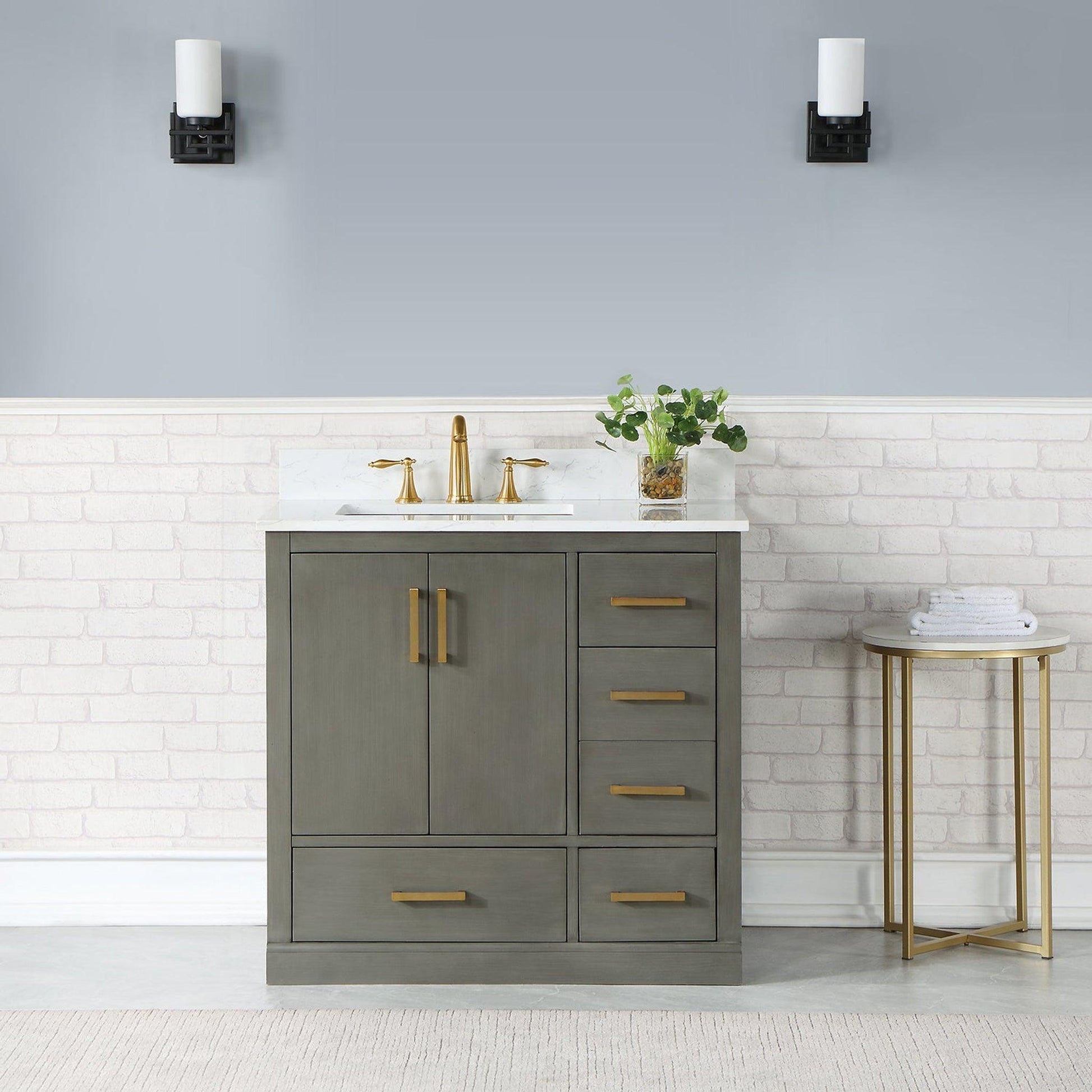 Altair Monna 36" Gray Pine Freestanding Single Bathroom Vanity Set With Aosta White Composite Stone Top, Rectangular Undermount Ceramic Sink, Overflow, and Backsplash