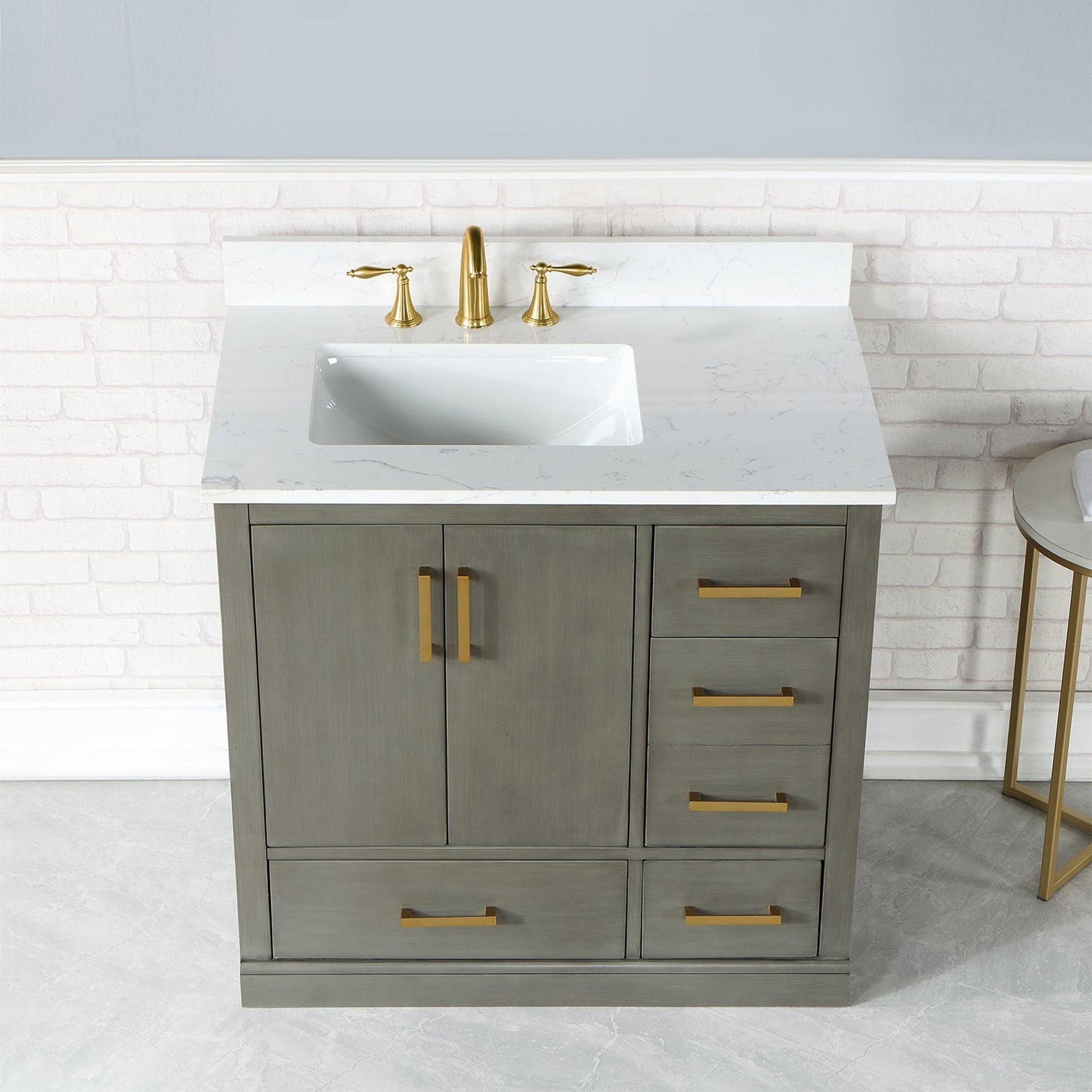 Altair Monna 36" Gray Pine Freestanding Single Bathroom Vanity Set With Aosta White Composite Stone Top, Rectangular Undermount Ceramic Sink, Overflow, and Backsplash