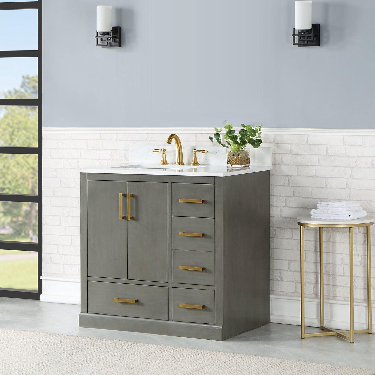 Altair Monna 36" Gray Pine Freestanding Single Bathroom Vanity Set With Aosta White Composite Stone Top, Rectangular Undermount Ceramic Sink, Overflow, and Backsplash