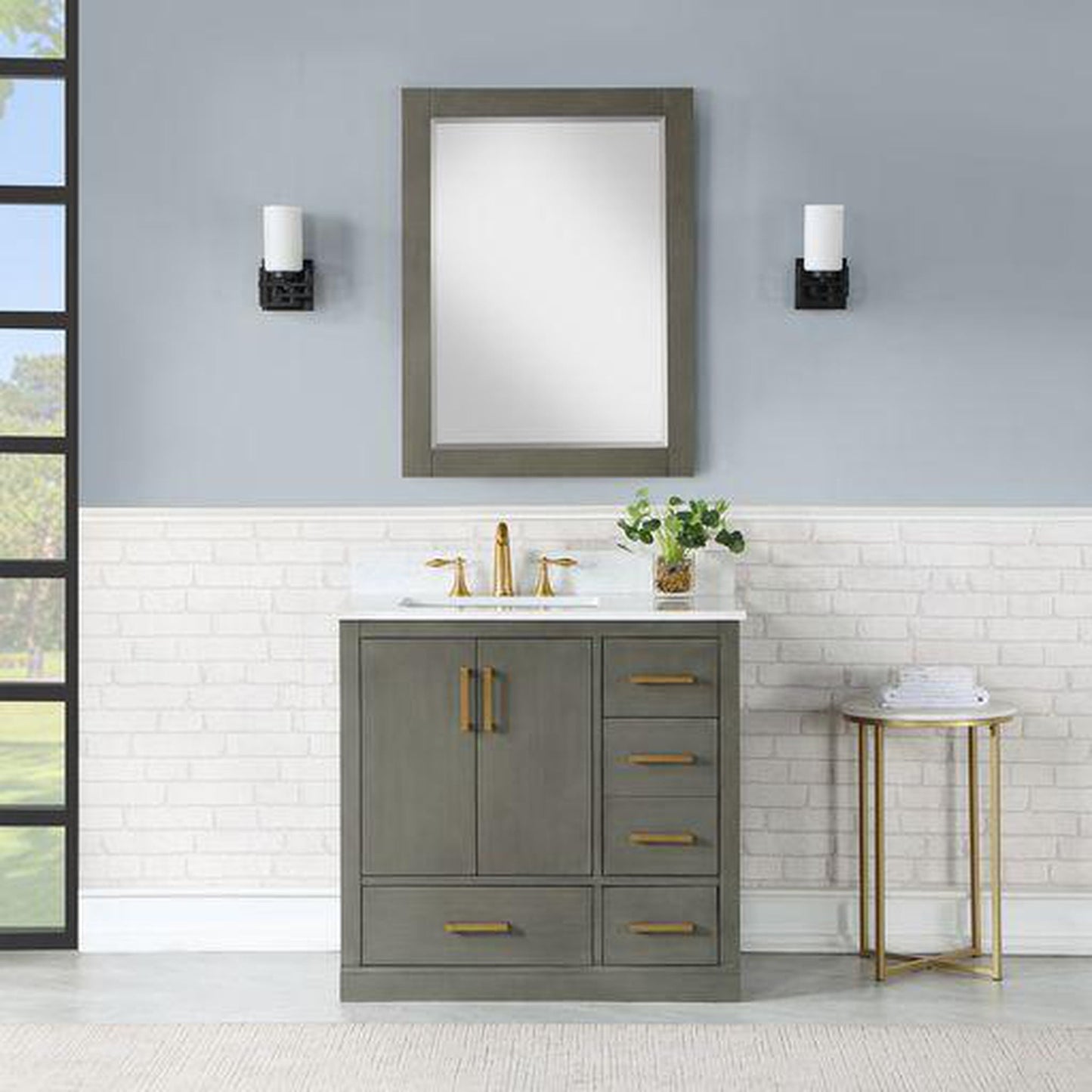 Altair Monna 36" Gray Pine Freestanding Single Bathroom Vanity Set With Mirror, Aosta White Composite Stone Top, Rectangular Undermount Ceramic Sink, Overflow, and Backsplash