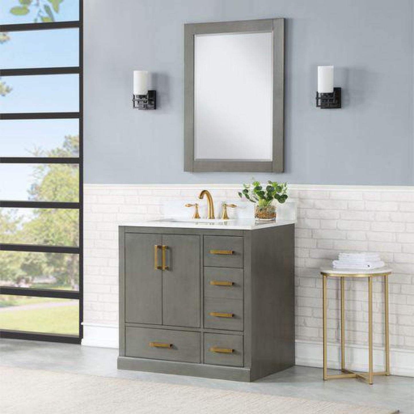 Altair Monna 36" Gray Pine Freestanding Single Bathroom Vanity Set With Mirror, Aosta White Composite Stone Top, Rectangular Undermount Ceramic Sink, Overflow, and Backsplash