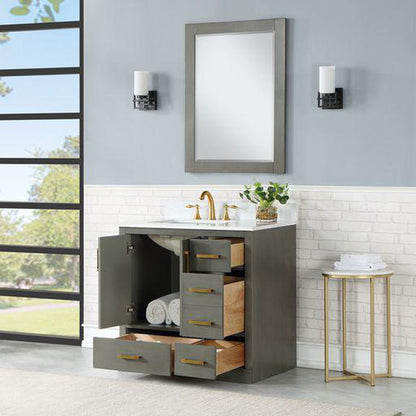 Altair Monna 36" Gray Pine Freestanding Single Bathroom Vanity Set With Mirror, Aosta White Composite Stone Top, Rectangular Undermount Ceramic Sink, Overflow, and Backsplash