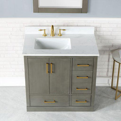 Altair Monna 36" Gray Pine Freestanding Single Bathroom Vanity Set With Mirror, Aosta White Composite Stone Top, Rectangular Undermount Ceramic Sink, Overflow, and Backsplash