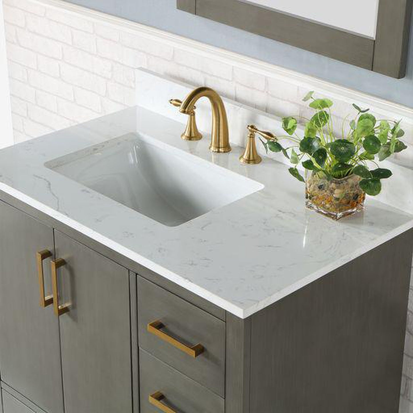 Altair Monna 36" Gray Pine Freestanding Single Bathroom Vanity Set With Mirror, Aosta White Composite Stone Top, Rectangular Undermount Ceramic Sink, Overflow, and Backsplash