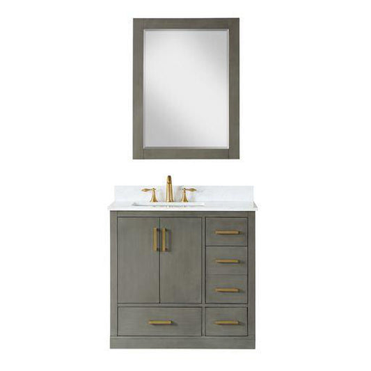 Altair Monna 36" Gray Pine Freestanding Single Bathroom Vanity Set With Mirror, Aosta White Composite Stone Top, Rectangular Undermount Ceramic Sink, Overflow, and Backsplash