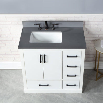Altair Monna 36" White Freestanding Single Bathroom Vanity Set With Concrete Grey Composite Stone Top, Rectangular Undermount Ceramic Sink, Overflow, and Backsplash