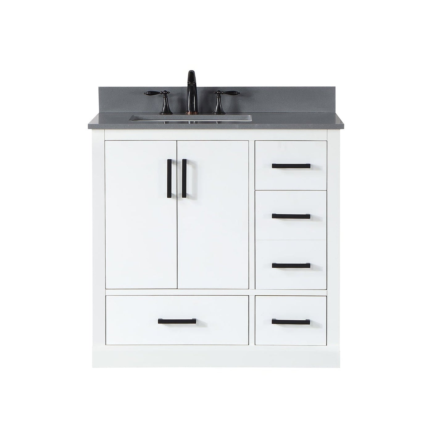 Altair Monna 36" White Freestanding Single Bathroom Vanity Set With Concrete Grey Composite Stone Top, Rectangular Undermount Ceramic Sink, Overflow, and Backsplash