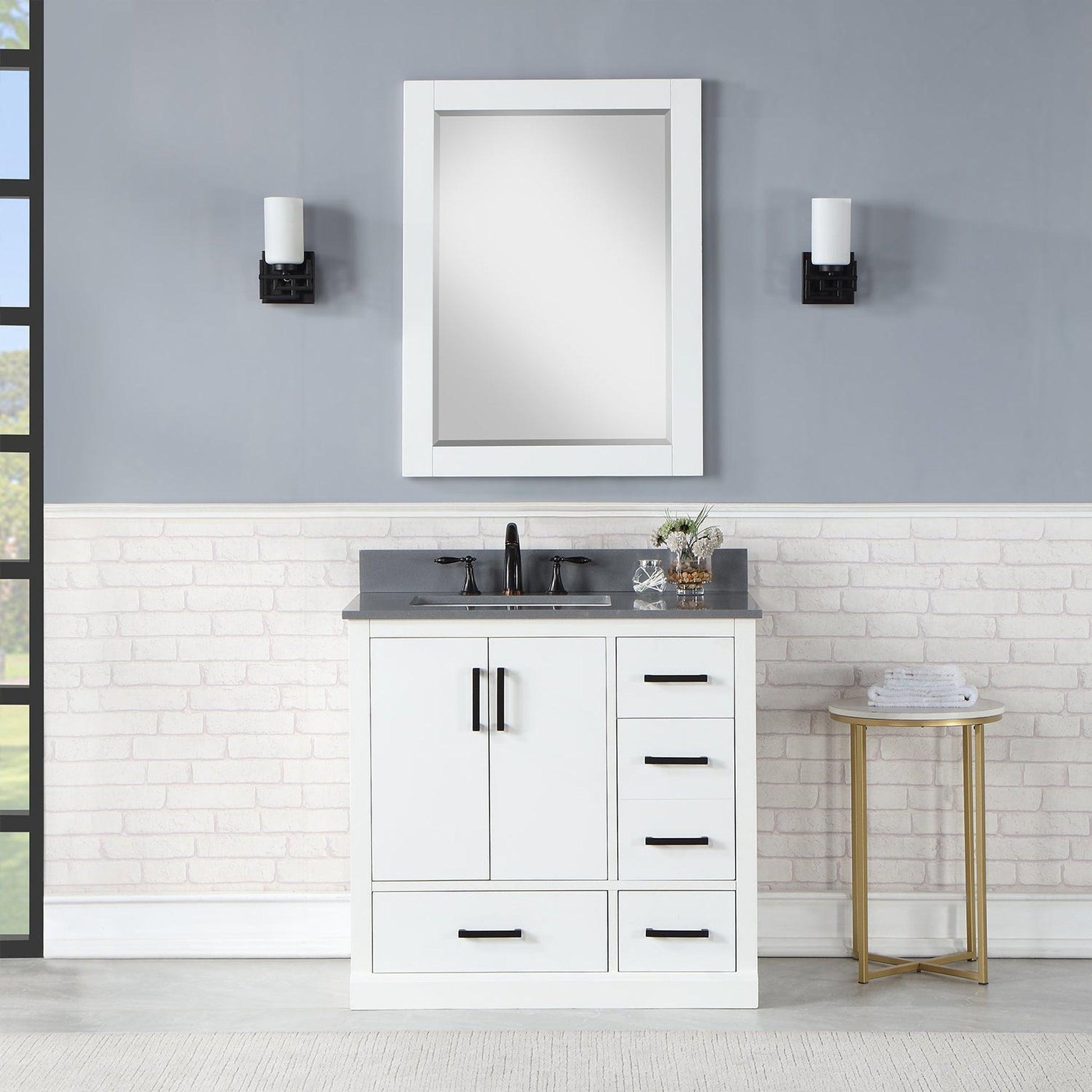 Altair Monna 36" White Freestanding Single Bathroom Vanity Set With Mirror, Concrete Grey Composite Stone Top, Rectangular Undermount Ceramic Sink, Overflow, and Backsplash