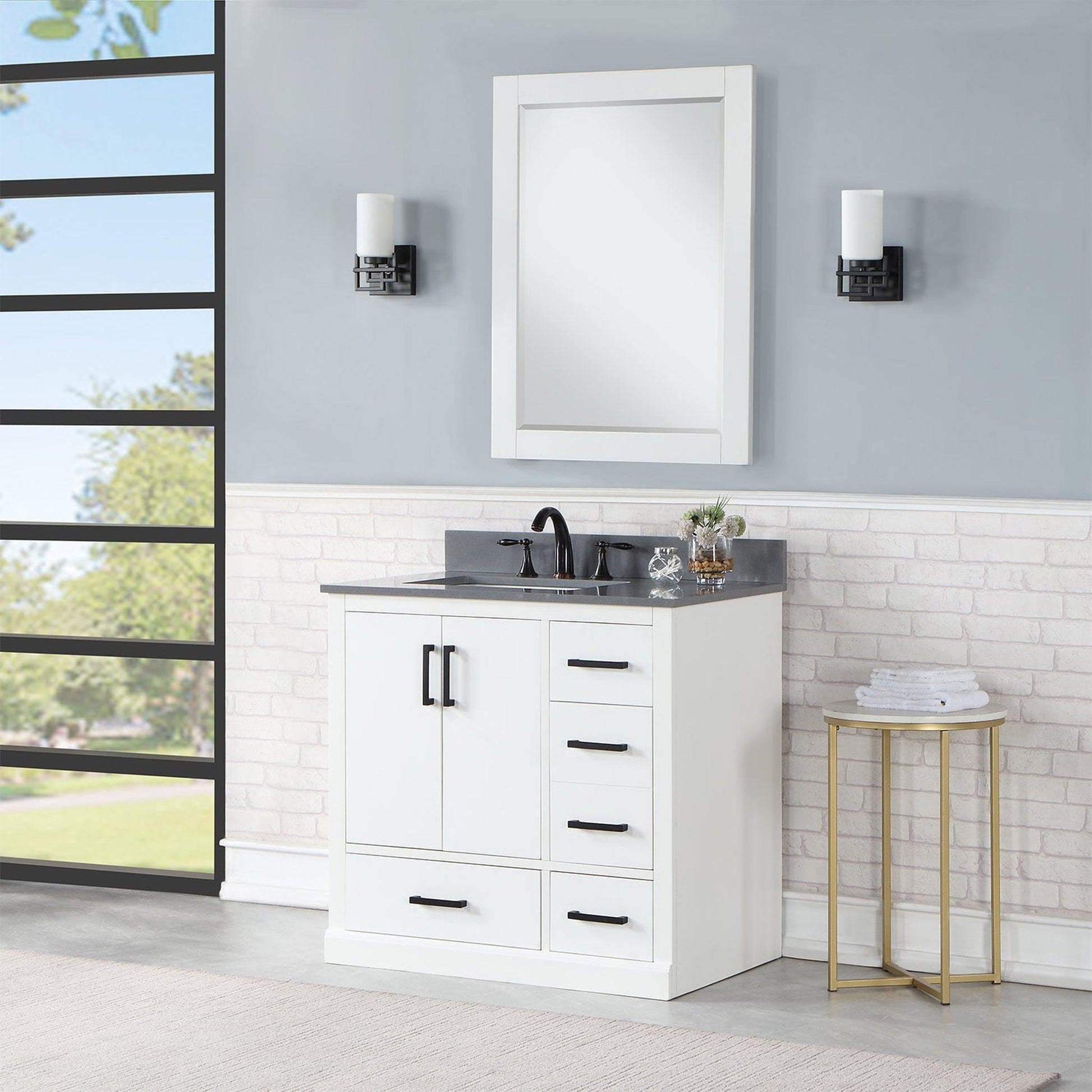 Altair Monna 36" White Freestanding Single Bathroom Vanity Set With Mirror, Concrete Grey Composite Stone Top, Rectangular Undermount Ceramic Sink, Overflow, and Backsplash