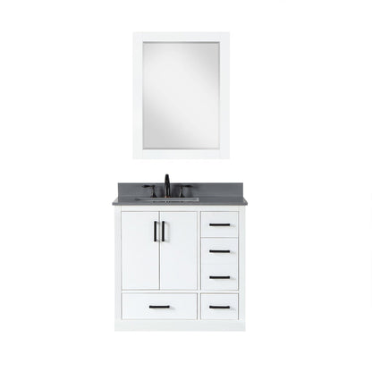 Altair Monna 36" White Freestanding Single Bathroom Vanity Set With Mirror, Concrete Grey Composite Stone Top, Rectangular Undermount Ceramic Sink, Overflow, and Backsplash