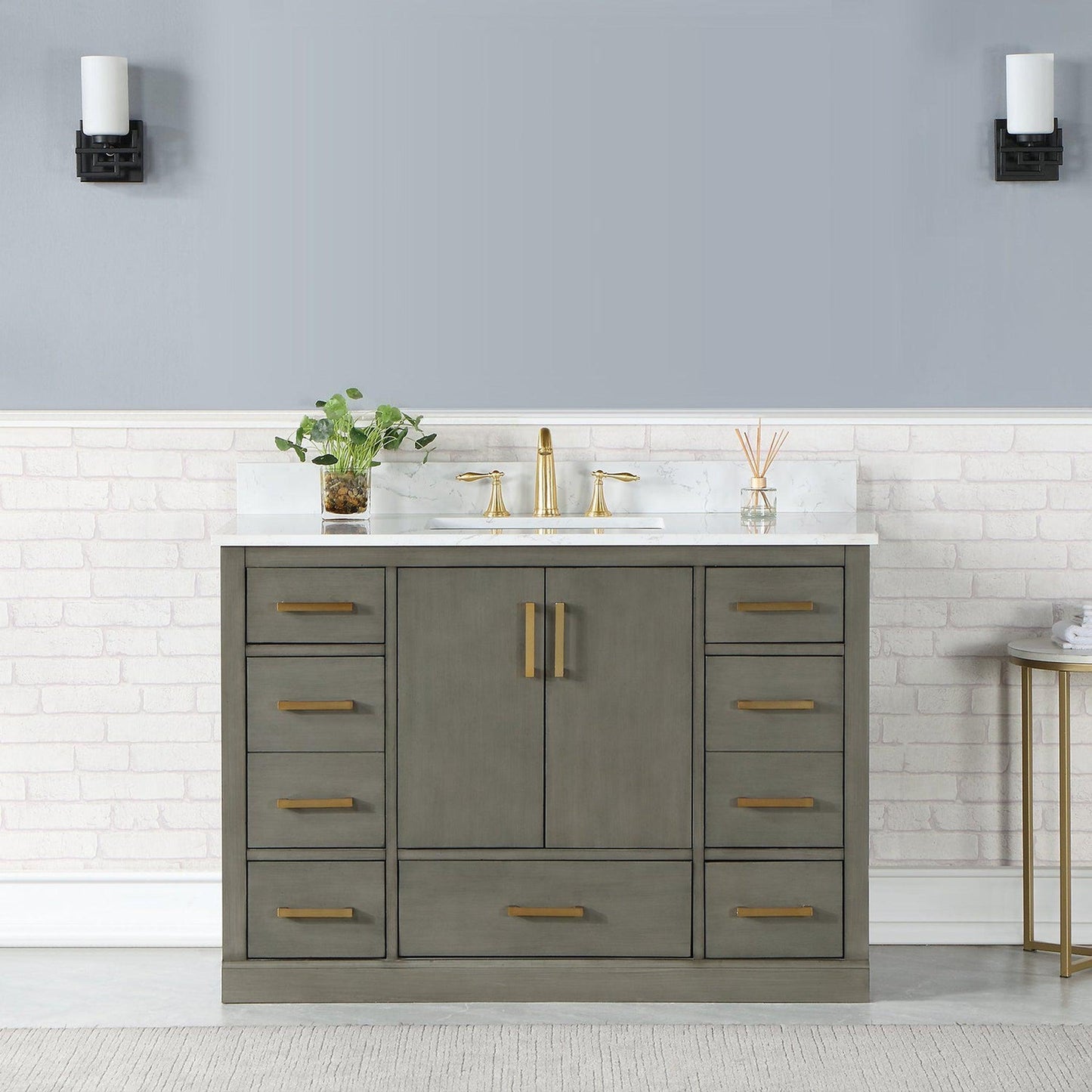 Altair Monna 48" Gray Pine Freestanding Single Bathroom Vanity Set With Aosta White Composite Stone Top, Rectangular Undermount Ceramic Sink, Overflow, and Backsplash