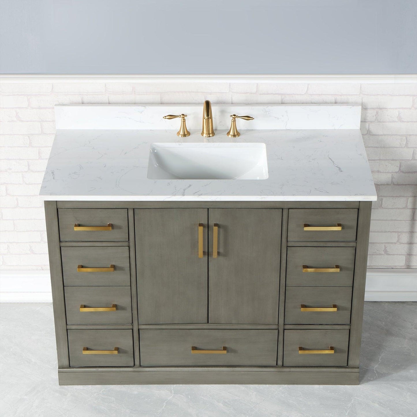 Altair Monna 48" Gray Pine Freestanding Single Bathroom Vanity Set With Aosta White Composite Stone Top, Rectangular Undermount Ceramic Sink, Overflow, and Backsplash