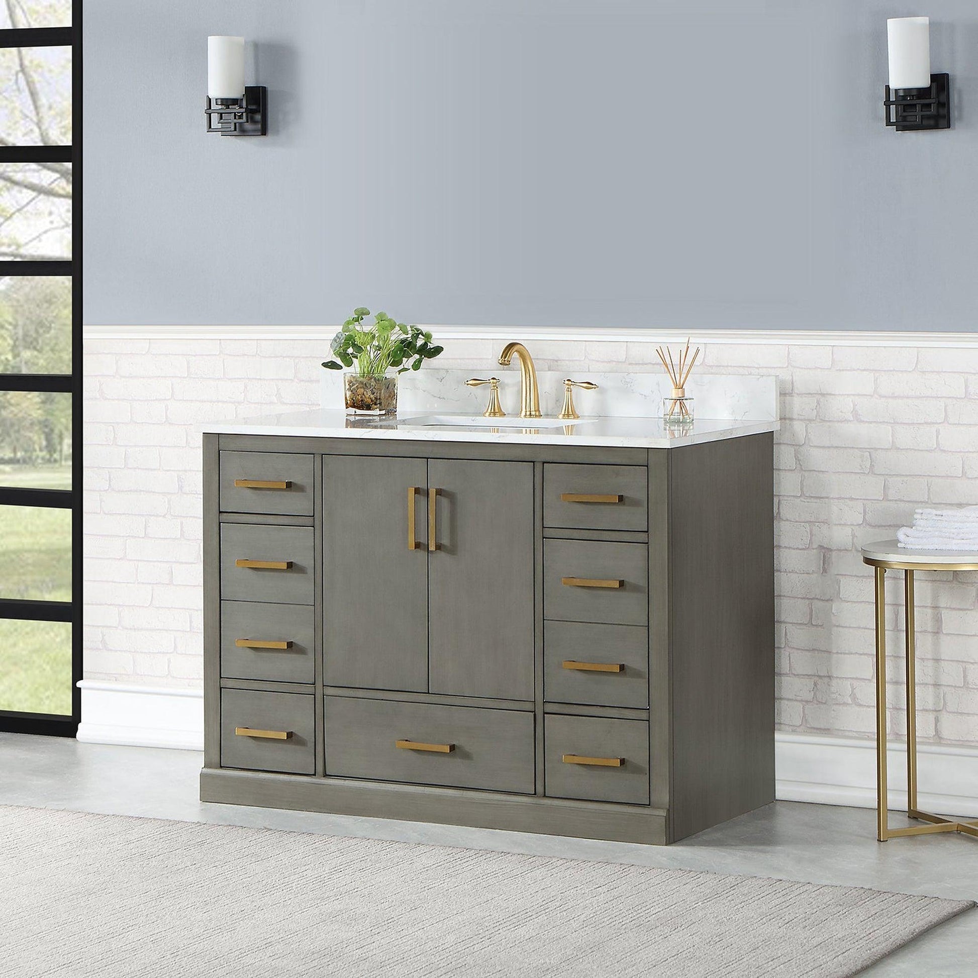 Altair Monna 48" Gray Pine Freestanding Single Bathroom Vanity Set With Aosta White Composite Stone Top, Rectangular Undermount Ceramic Sink, Overflow, and Backsplash