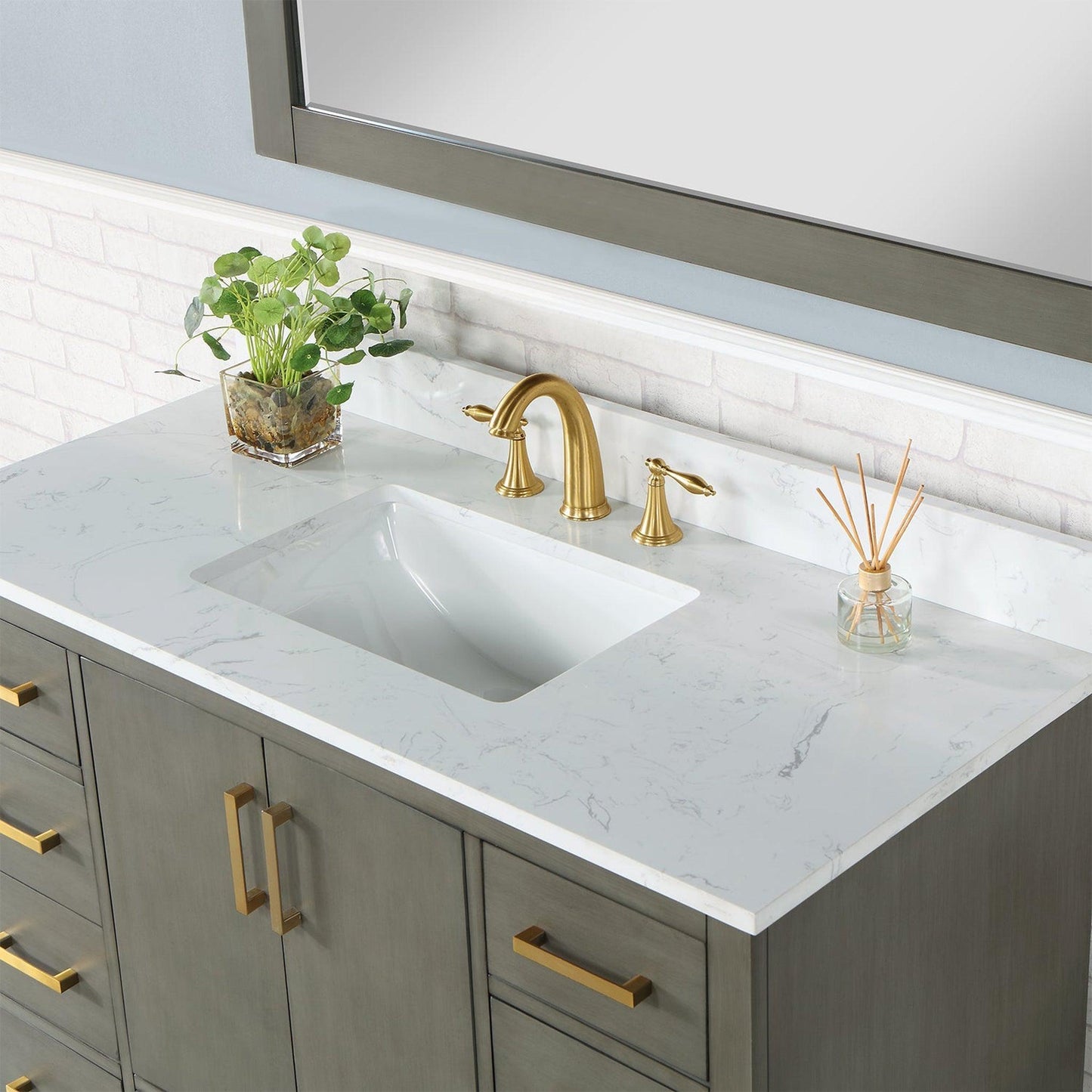 Altair Monna 48" Gray Pine Freestanding Single Bathroom Vanity Set With Aosta White Composite Stone Top, Rectangular Undermount Ceramic Sink, Overflow, and Backsplash