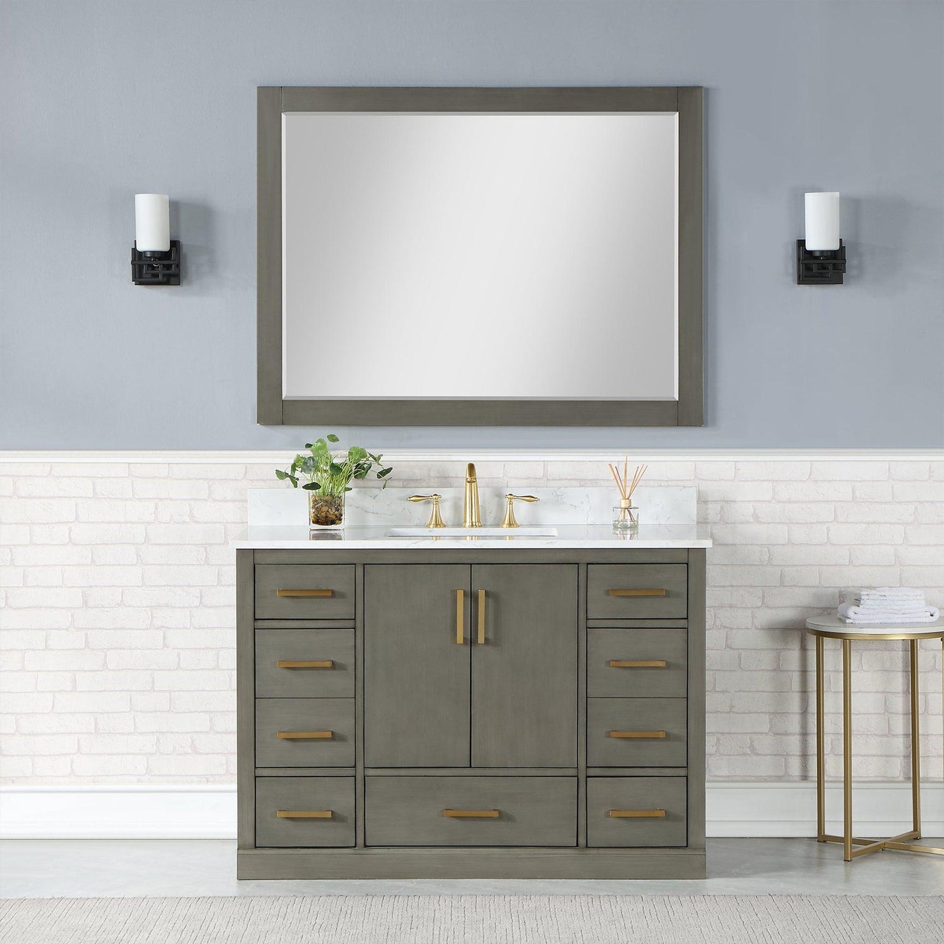 Altair Monna 48" Gray Pine Freestanding Single Bathroom Vanity Set With Mirror, Aosta White Composite Stone Top, Rectangular Undermount Ceramic Sink, Overflow, and Backsplash