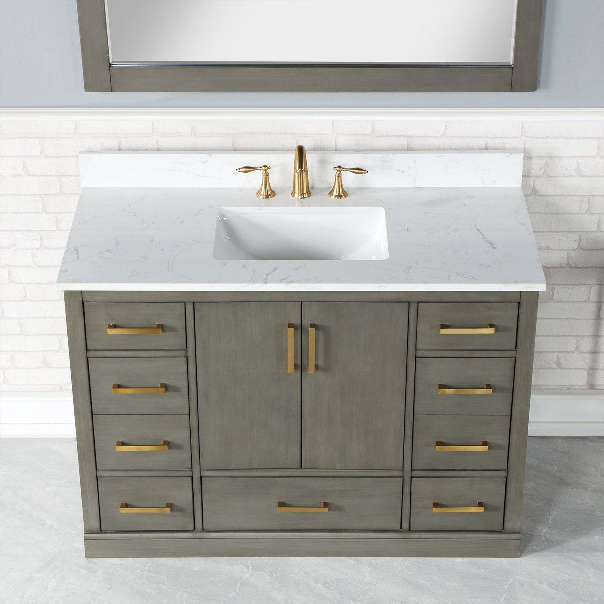 Altair Monna 48" Gray Pine Freestanding Single Bathroom Vanity Set With Mirror, Aosta White Composite Stone Top, Rectangular Undermount Ceramic Sink, Overflow, and Backsplash