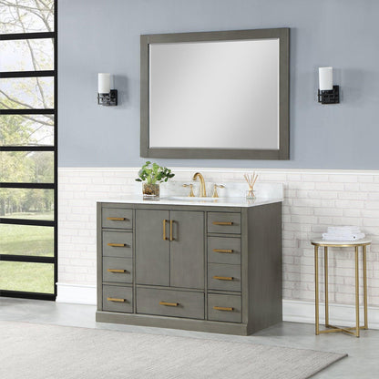 Altair Monna 48" Gray Pine Freestanding Single Bathroom Vanity Set With Mirror, Aosta White Composite Stone Top, Rectangular Undermount Ceramic Sink, Overflow, and Backsplash