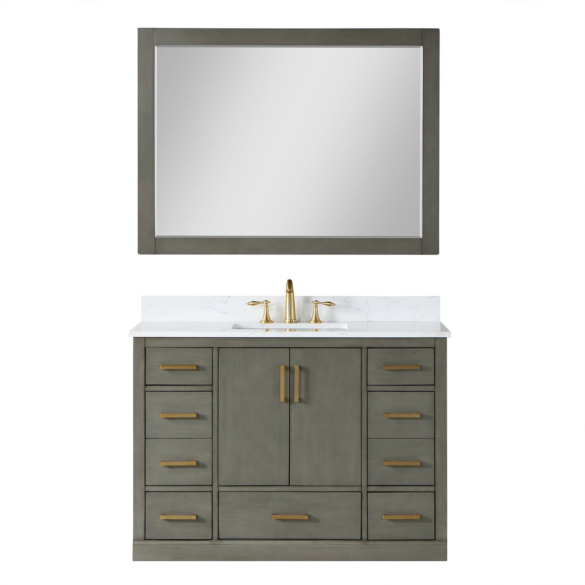 Altair Monna 48" Gray Pine Freestanding Single Bathroom Vanity Set With Mirror, Aosta White Composite Stone Top, Rectangular Undermount Ceramic Sink, Overflow, and Backsplash
