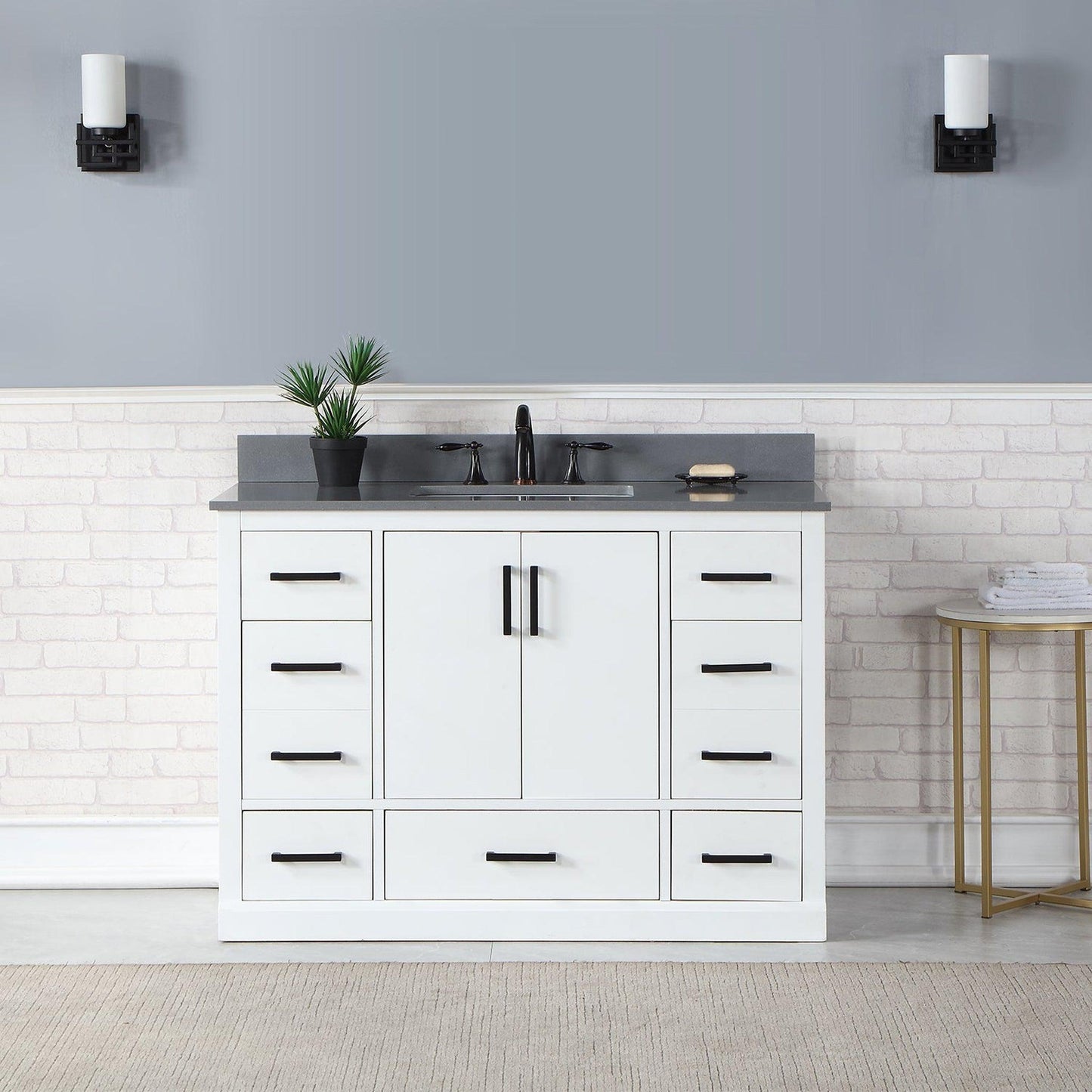 Altair Monna 48" White Freestanding Single Bathroom Vanity Set With Concrete Grey Composite Stone Top, Rectangular Undermount Ceramic Sink, Overflow, and Backsplash