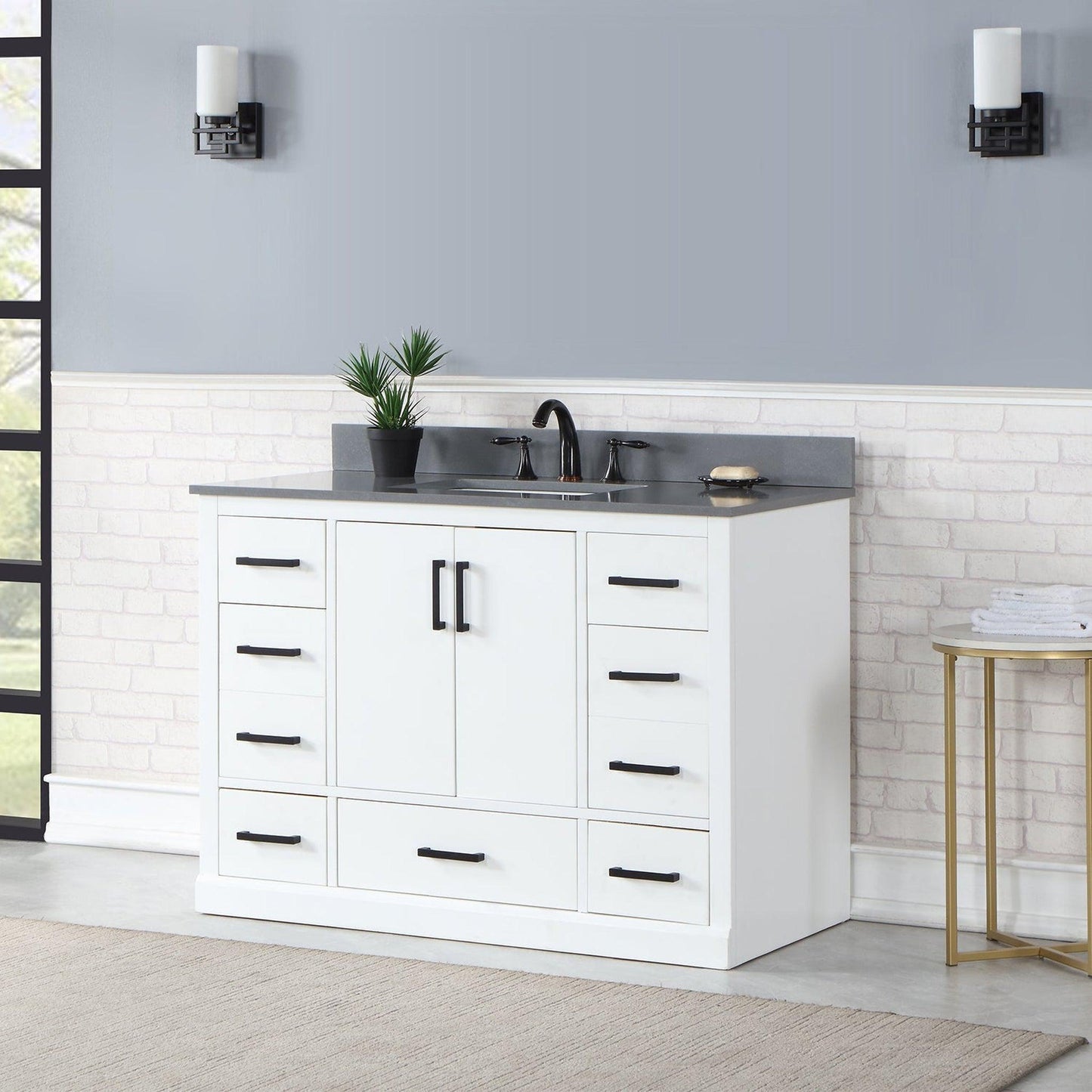 Altair Monna 48" White Freestanding Single Bathroom Vanity Set With Concrete Grey Composite Stone Top, Rectangular Undermount Ceramic Sink, Overflow, and Backsplash