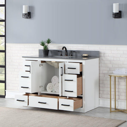 Altair Monna 48" White Freestanding Single Bathroom Vanity Set With Concrete Grey Composite Stone Top, Rectangular Undermount Ceramic Sink, Overflow, and Backsplash