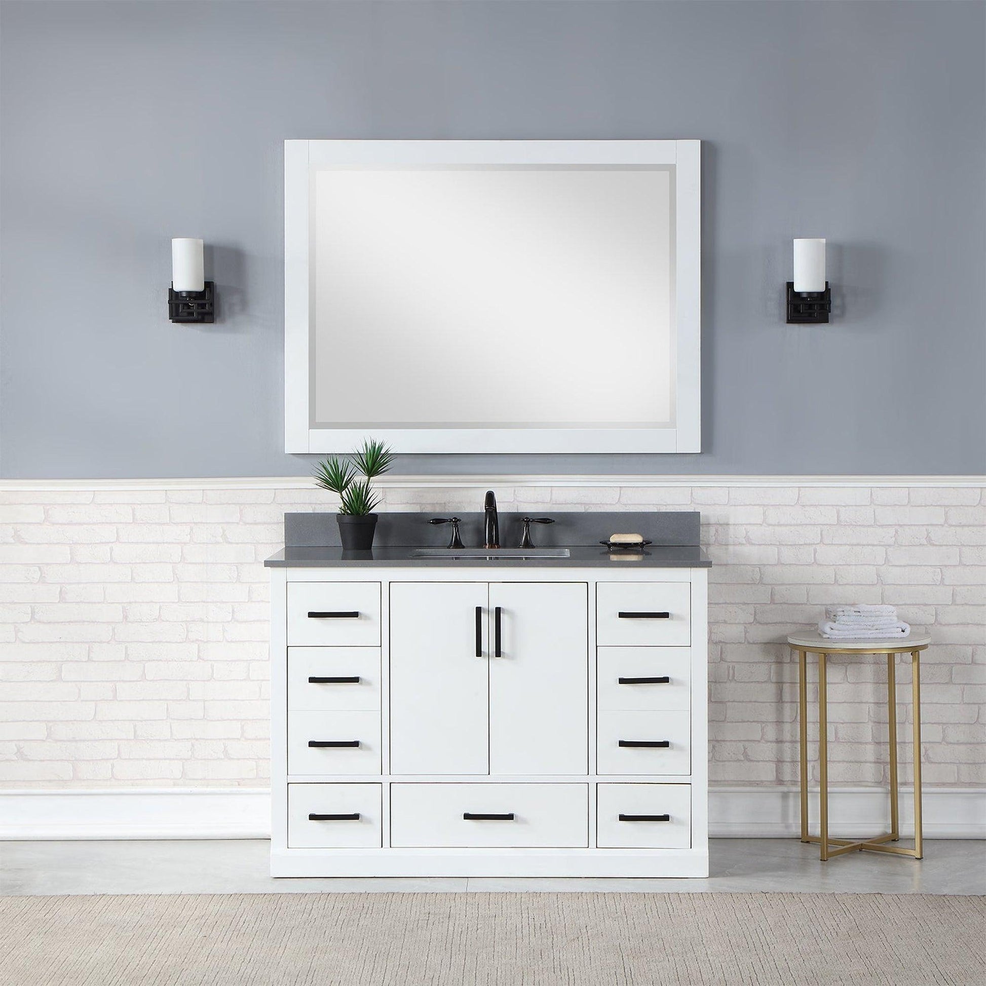 Altair Monna 48" White Freestanding Single Bathroom Vanity Set With Mirror, Concrete Grey Composite Stone Top, Rectangular Undermount Ceramic Sink, Overflow, and Backsplash