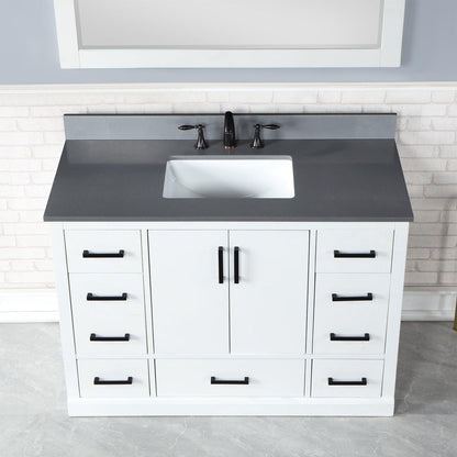 Altair Monna 48" White Freestanding Single Bathroom Vanity Set With Mirror, Concrete Grey Composite Stone Top, Rectangular Undermount Ceramic Sink, Overflow, and Backsplash