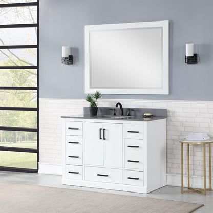 Altair Monna 48" White Freestanding Single Bathroom Vanity Set With Mirror, Concrete Grey Composite Stone Top, Rectangular Undermount Ceramic Sink, Overflow, and Backsplash
