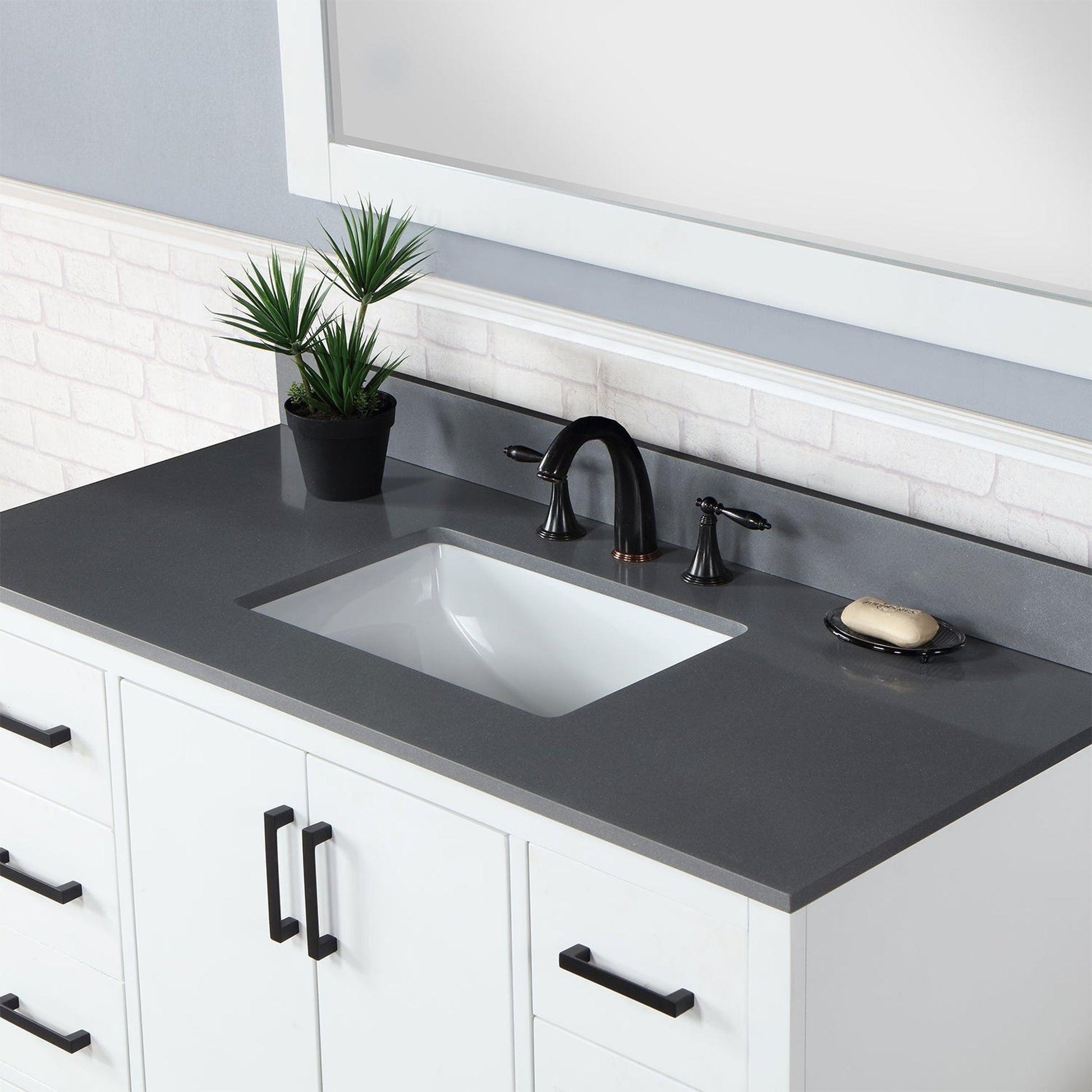 Altair Monna 48" White Freestanding Single Bathroom Vanity Set With Mirror, Concrete Grey Composite Stone Top, Rectangular Undermount Ceramic Sink, Overflow, and Backsplash