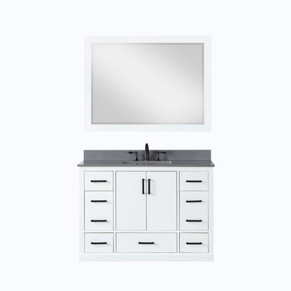 Altair Monna 48" White Freestanding Single Bathroom Vanity Set With Mirror, Concrete Grey Composite Stone Top, Rectangular Undermount Ceramic Sink, Overflow, and Backsplash