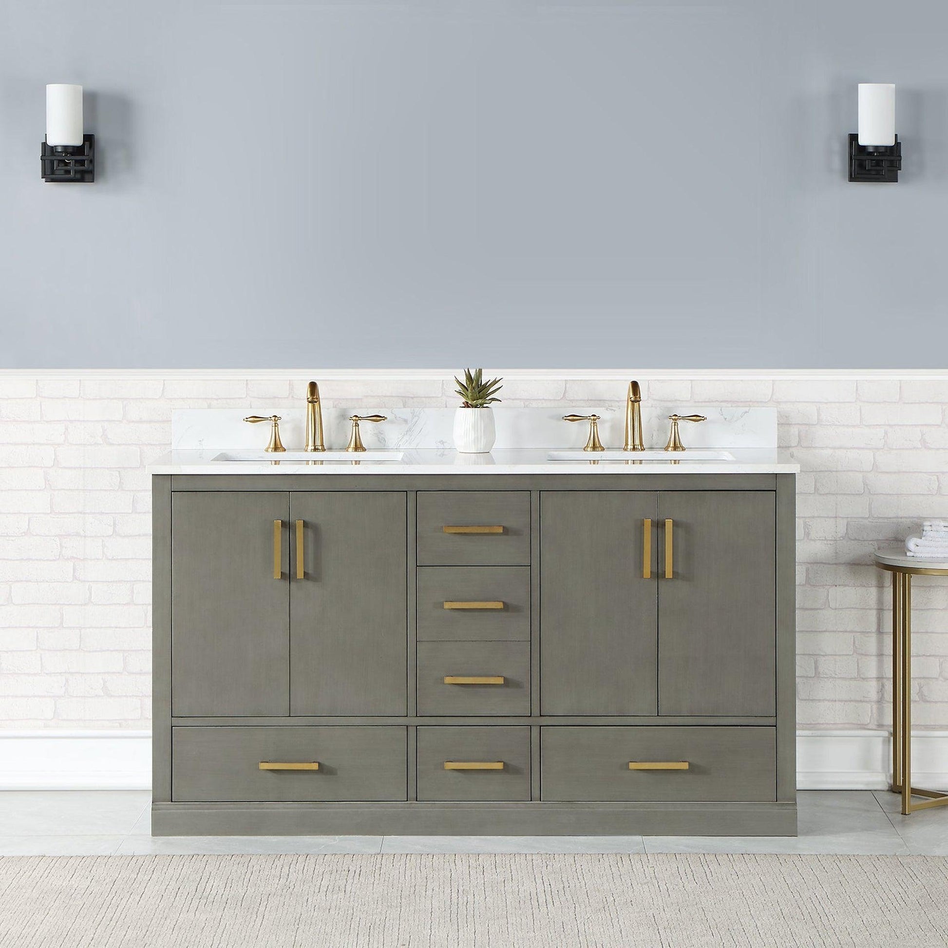 Altair Monna 60" Gray Pine Freestanding Double Bathroom Vanity Set With Aosta White Composite Stone Top, Two Rectangular Undermount Ceramic Sinks, Overflow, and Backsplash