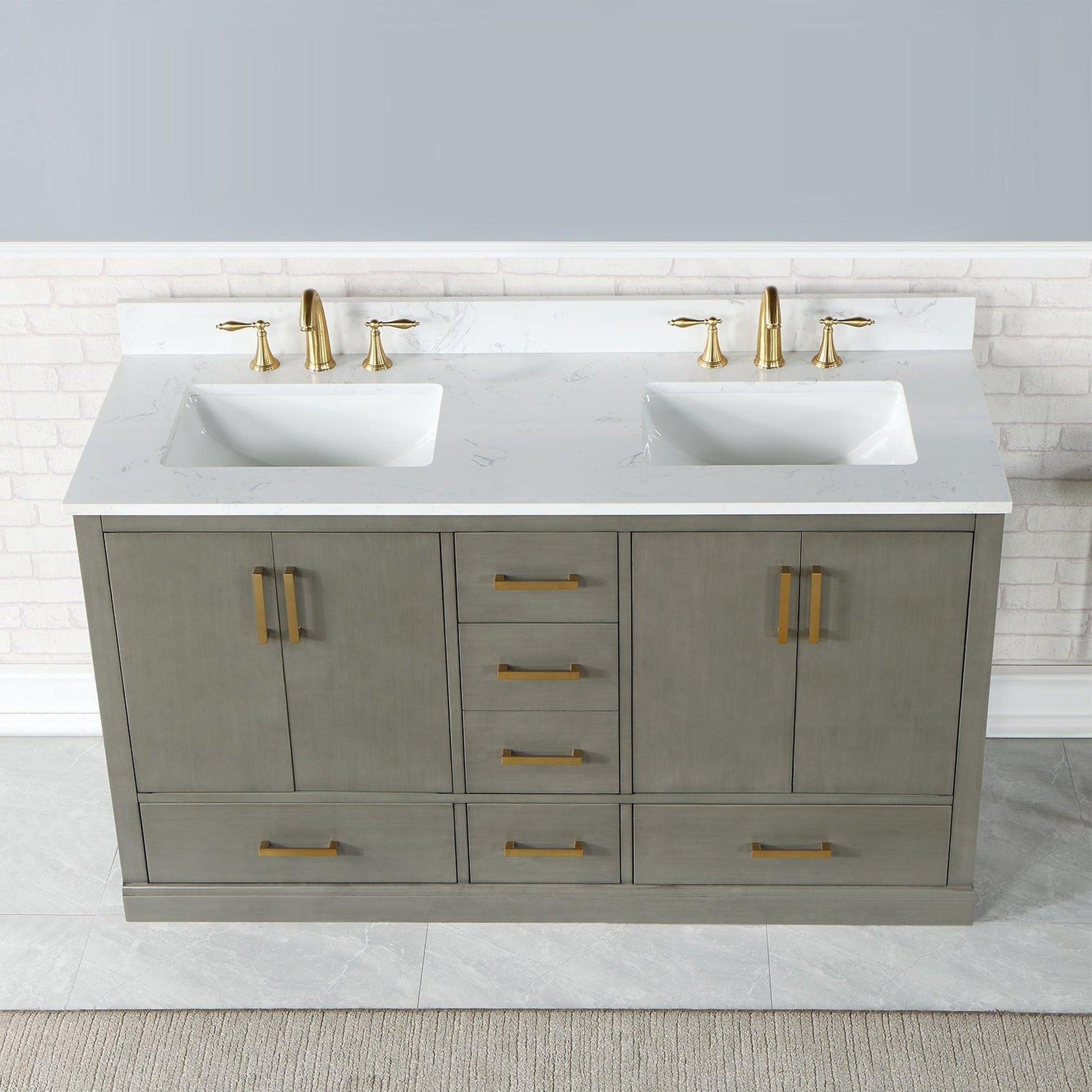 Altair Monna 60" Gray Pine Freestanding Double Bathroom Vanity Set With Aosta White Composite Stone Top, Two Rectangular Undermount Ceramic Sinks, Overflow, and Backsplash